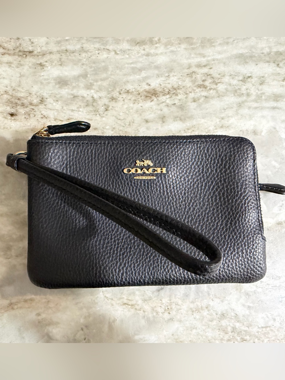 Coach Black Pebbled Leather Wristlet with Gold Logo